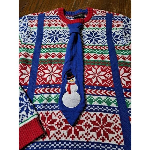 Large Blizzard Bay Mens Ugly Christmas Holiday Sweater Knit Pullover Tie Snowman - Picture 5 of 7